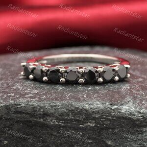 NEW Certified 3mm Black Moissanite 7 Stone Half Eternity Band Ring